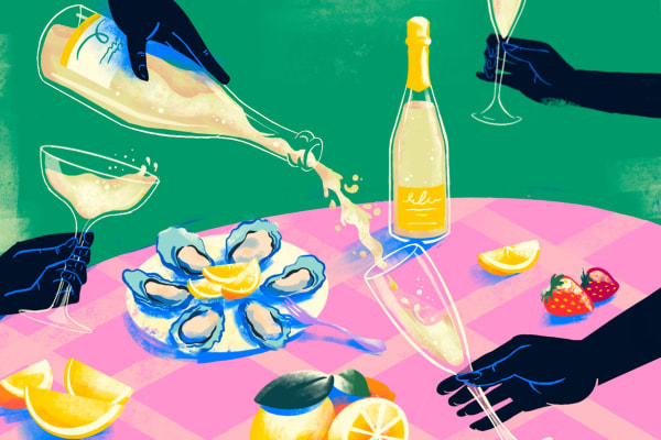 Illustration of picnic with sparkling wines being poured